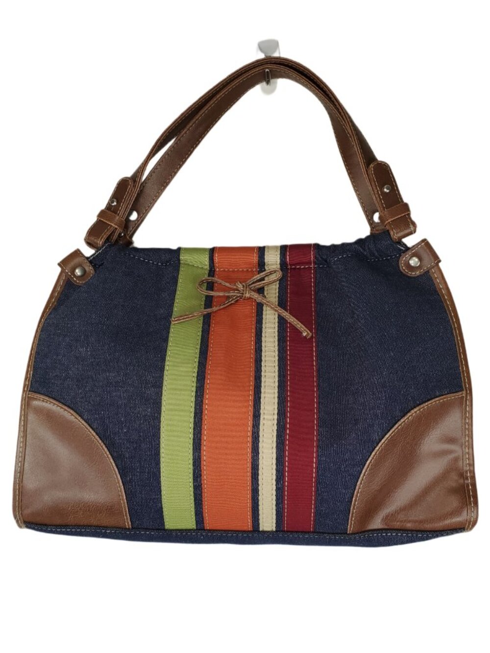 Bath & Body Works Denim & Faux Leather Handbag Purse w/ Multicolor Stripes